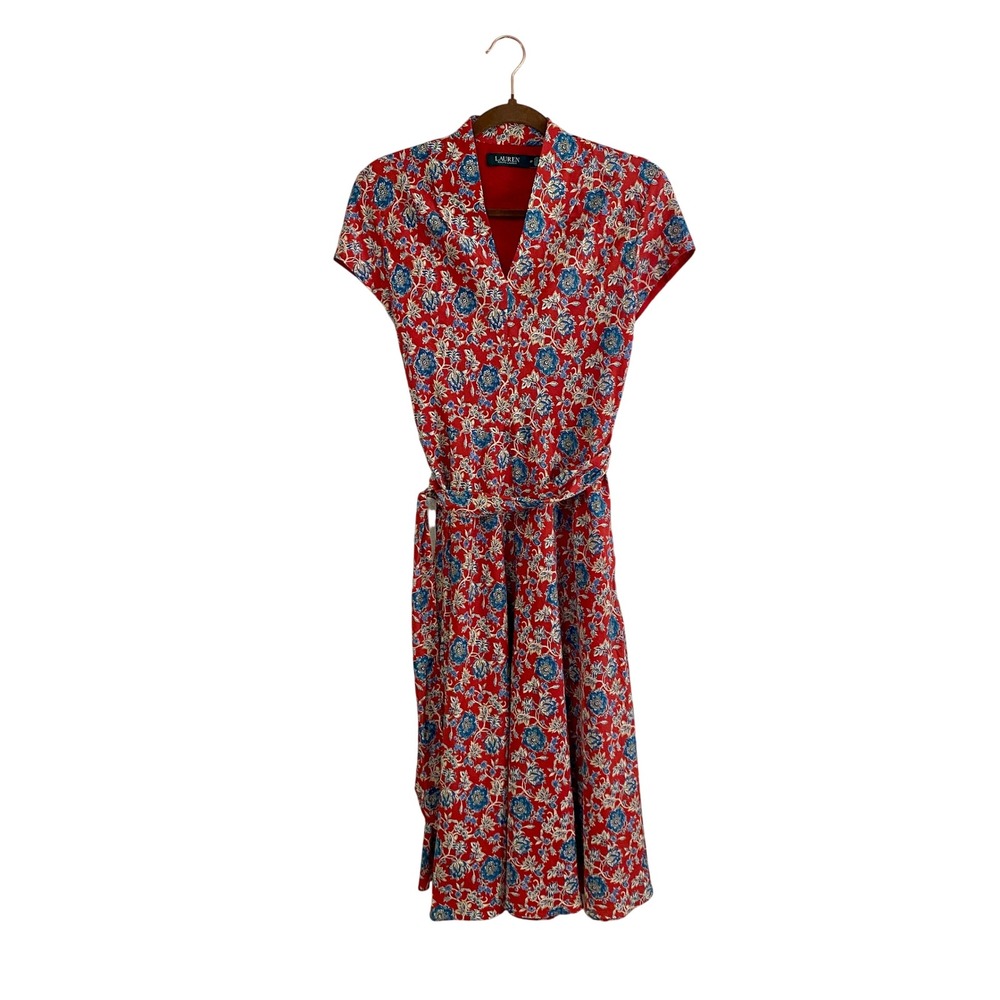 Lauren Ralph Lauren Floral Surplice Midi Dress Red Blue Coquette Prairie 2P